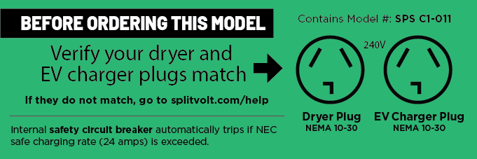 The safety certified Splitvolt NEMA 10-30 Splitter Switch matches a NEMA 10-30 dryer plug and a NEMA 10-30 EV charger plug