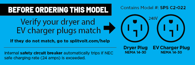 The safety certified Splitvolt 14-30 Splitter Switch matches a NEMA 14-30 dryer plug and a NEMA 14-30 EV charger plug