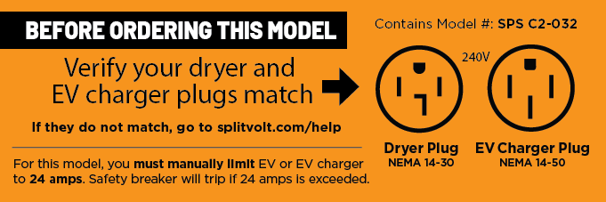 The safety certified Splitvolt NEMA 14-30 / 14-50 Splitter Switch matches a NEMA 14-30 dryer plug and a NEMA 14-50 EV charger plug