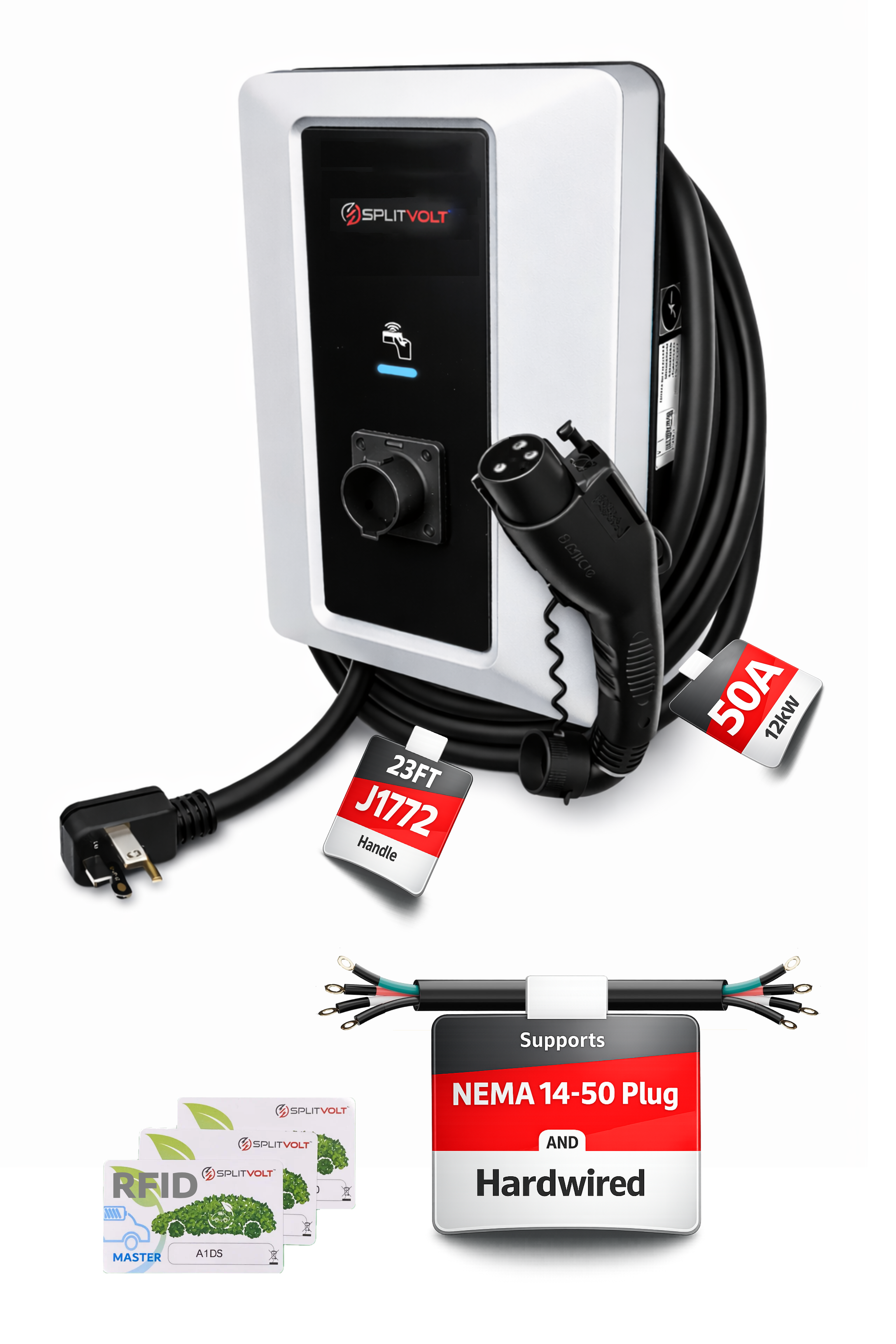 Splitvolt Level 2 EV Charging Station, Indoor/Outdoor 50A (Hardwired) charging/40A (NEMA 14-50), RFID Authentication, US Support, 23ft Cable, J1772