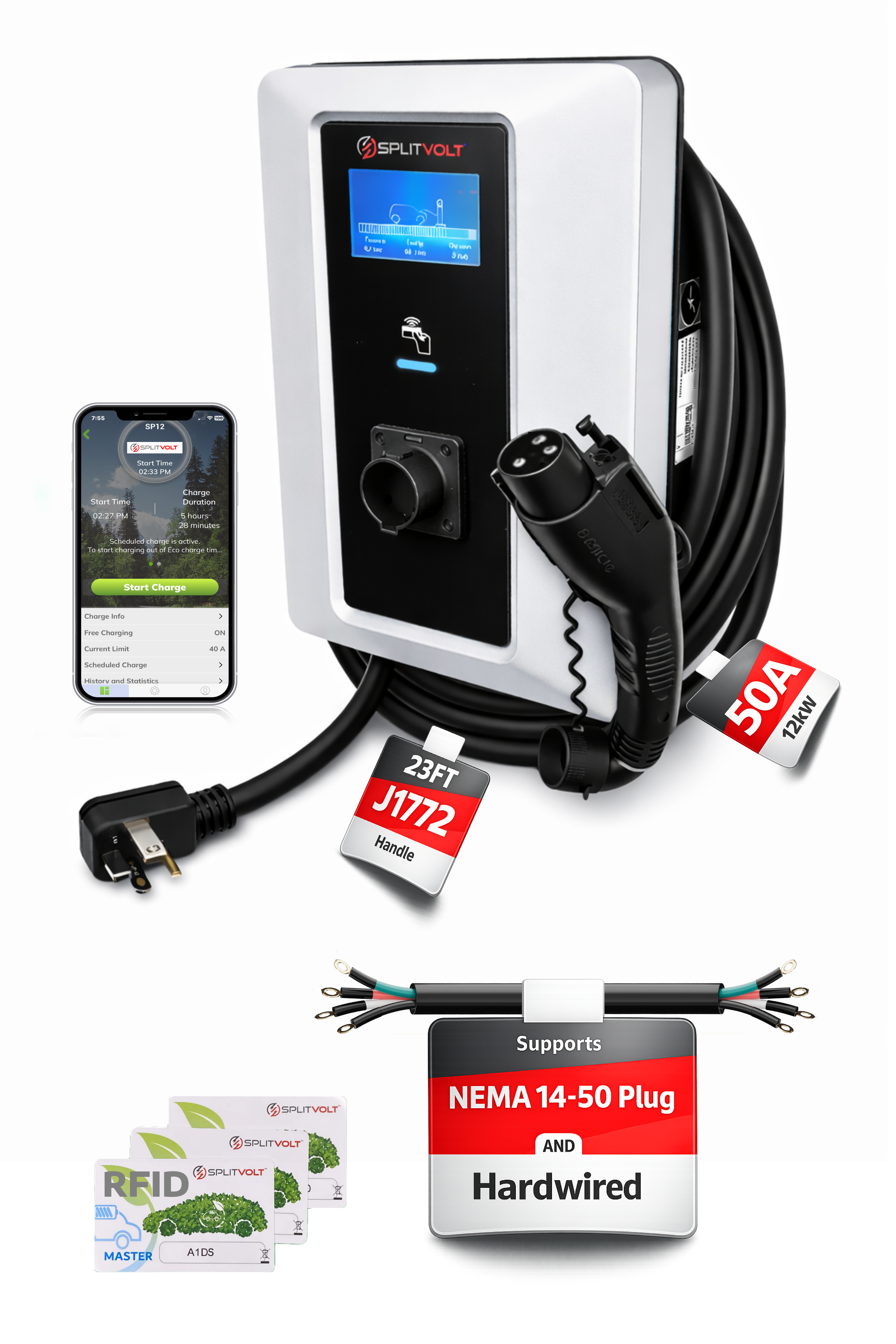Splitvolt Level 2 Smart EV Charging Station - Connected, Adjustable 12kW, Display, Scheduling, RFID, NEMA 14-50, J1772, OCPP Compatible, Outdoor Rated, 23ft.