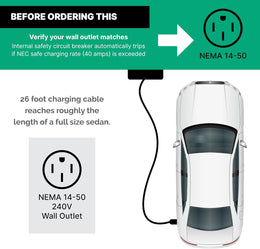 Adjustable up to 40 Amps - EV Charger (240v, 26 ft Cable, NEMA 14-50, Level 2 Portable) J1772 Plug with Travel Bag